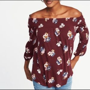 Old Navy Burgundy Floral Off The Shoulder Long Sleeve Top